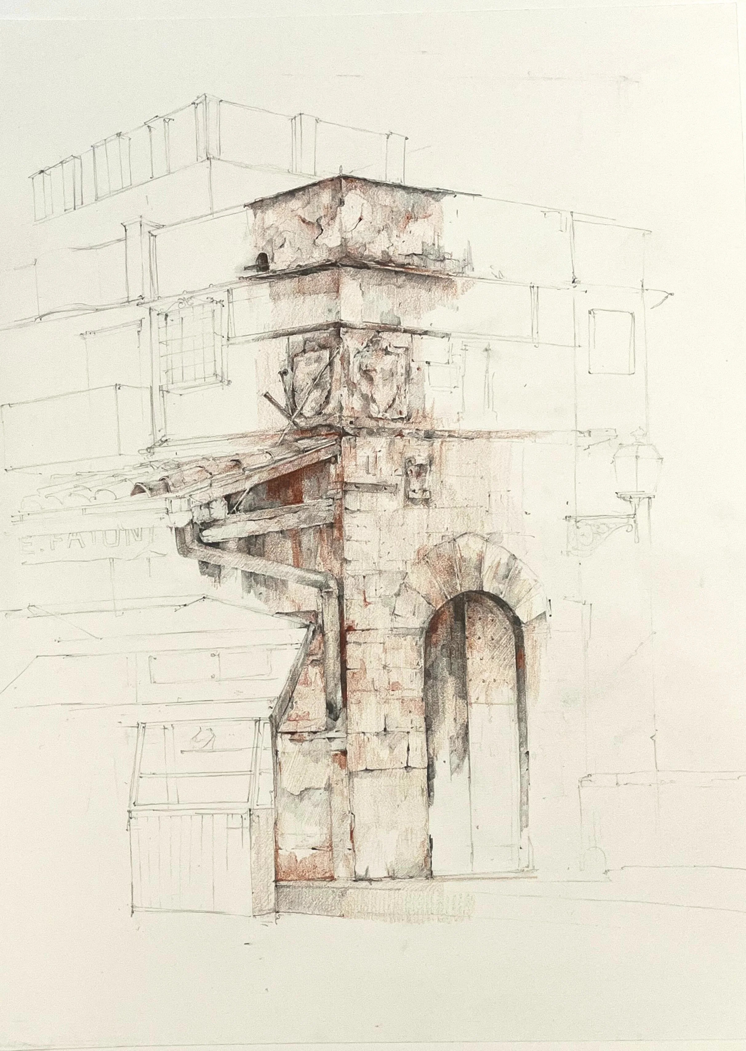A sketch of an old building with a stone archway, partially completed with some watercolor detailing on the wall surfaces and roof.