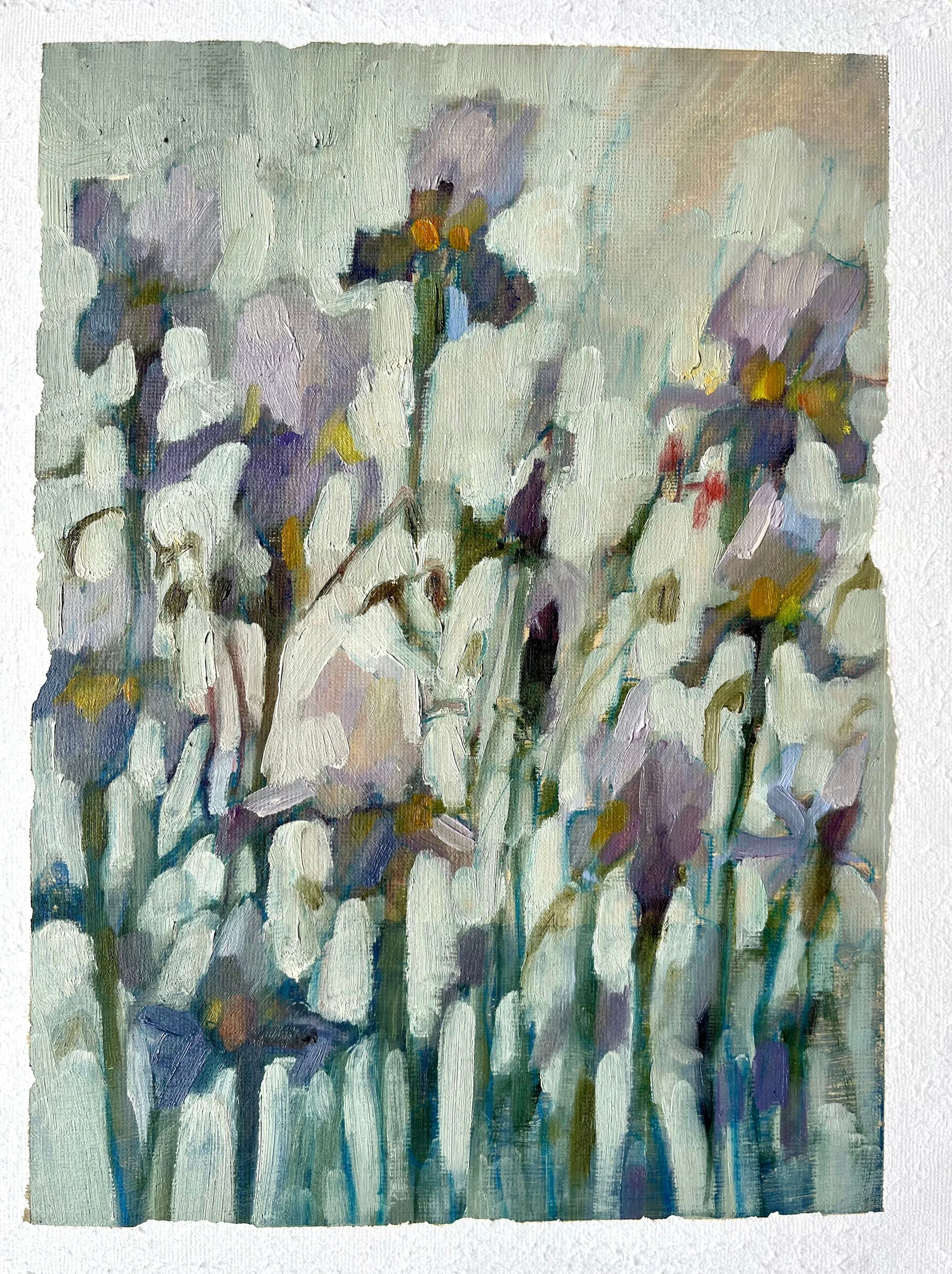 Blue Irises , 2026, mixed media on paper 