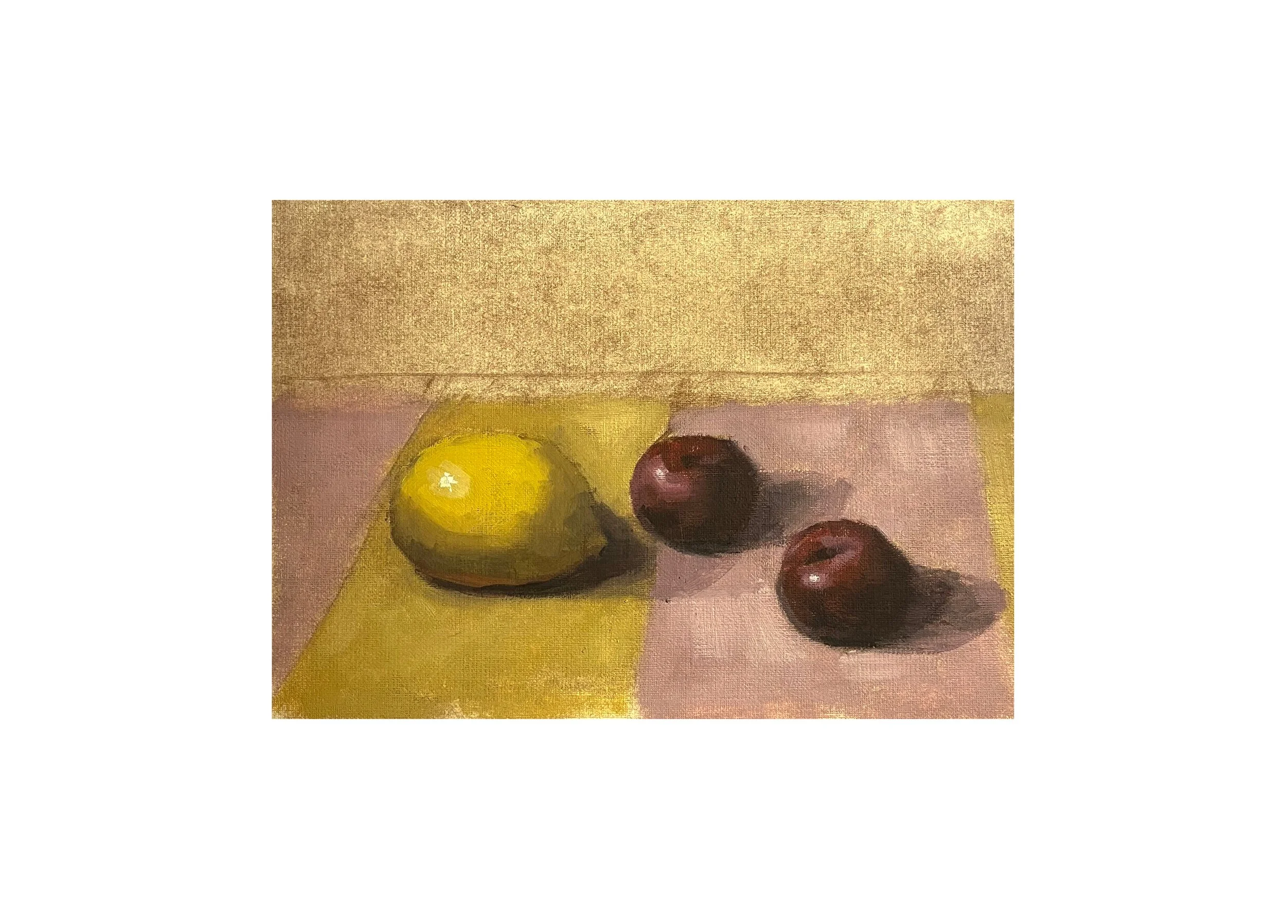 Lemons, Plums & Striped Cloth, 2025, oil on paper, 17 x24 cm 