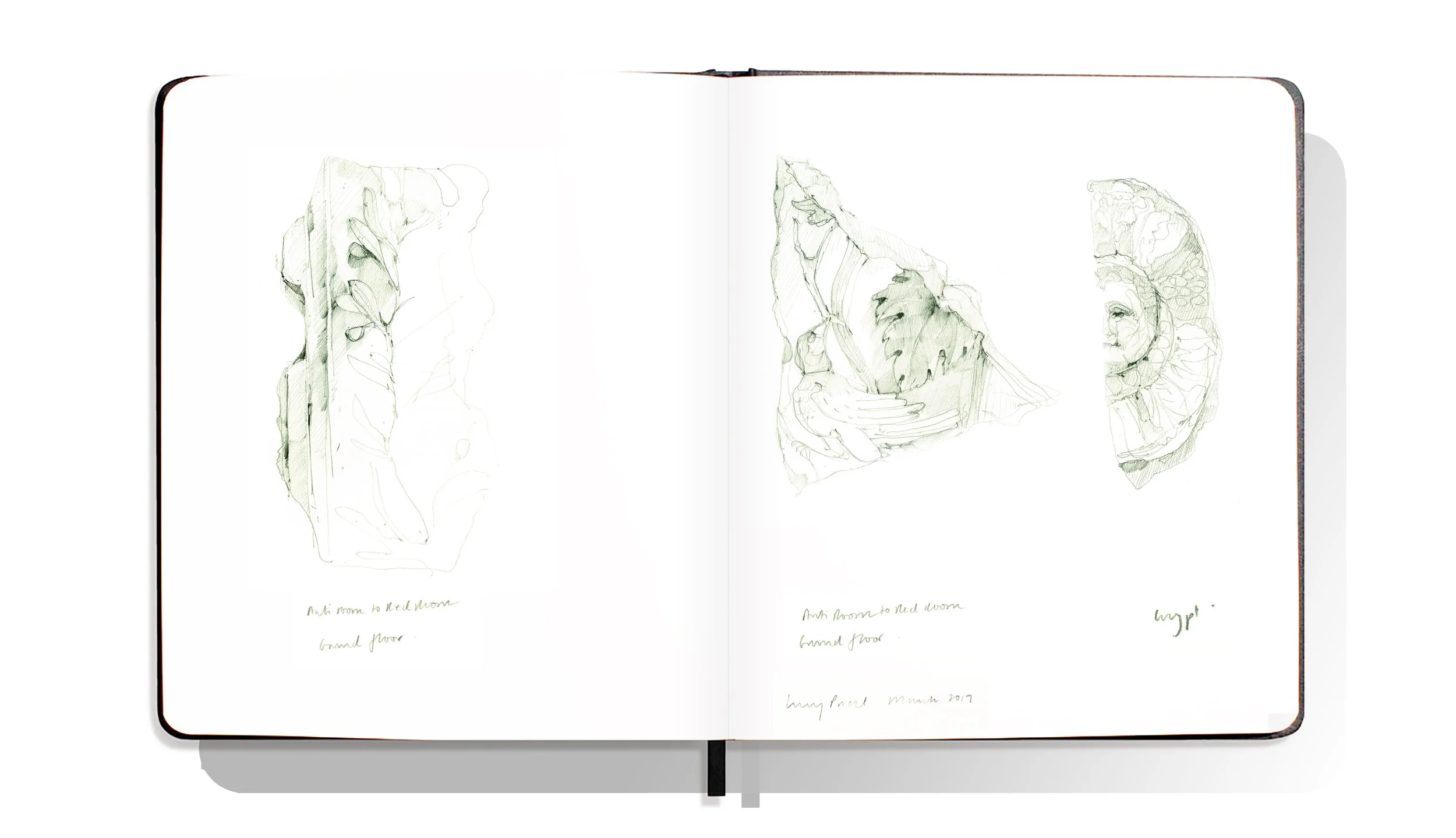 Open sketchbook with three pencil sketches of leaf etchings on pages, with handwritten notes.