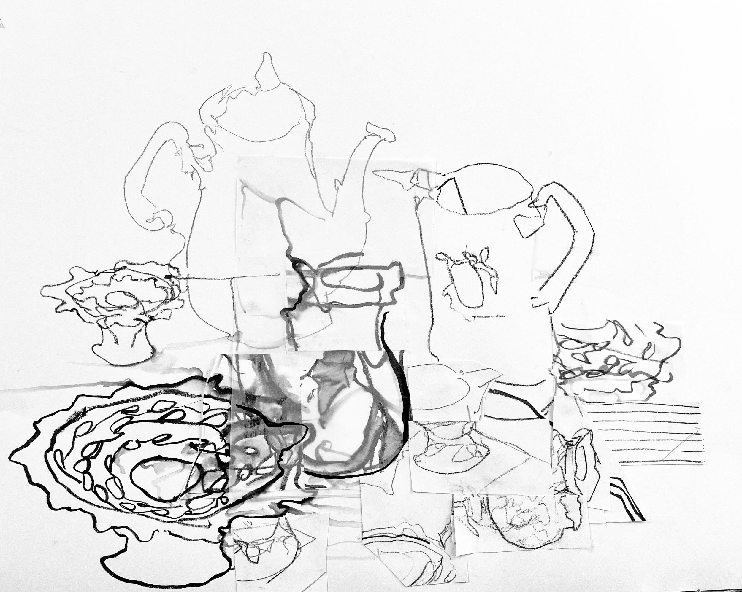 Line drawing of a still life scene with a teapot, pitcher, bowl of fruit, and other tableware on a table.