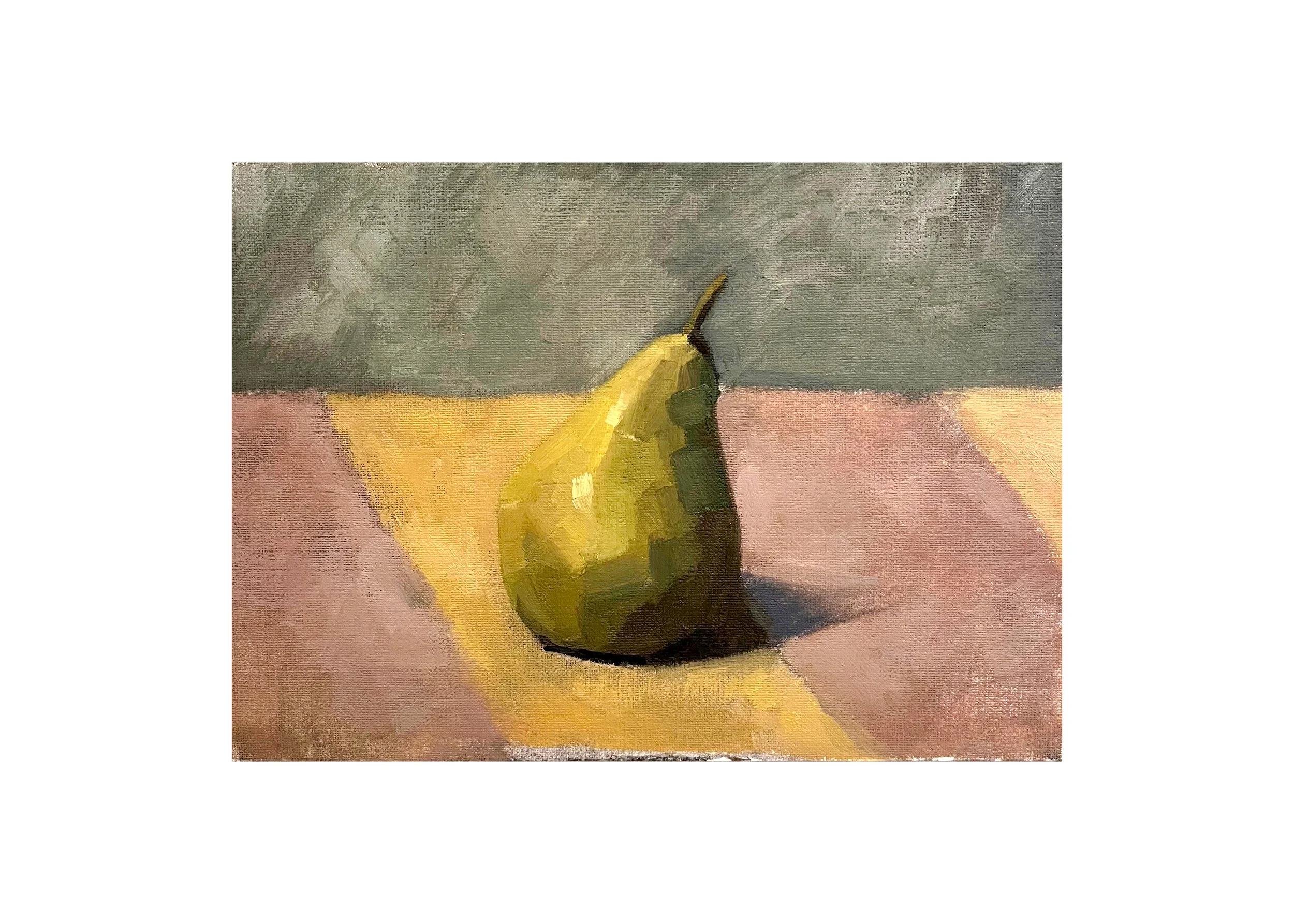 Pear & Striped Cloth, 2025, oil on paper, 17 x24 cm 