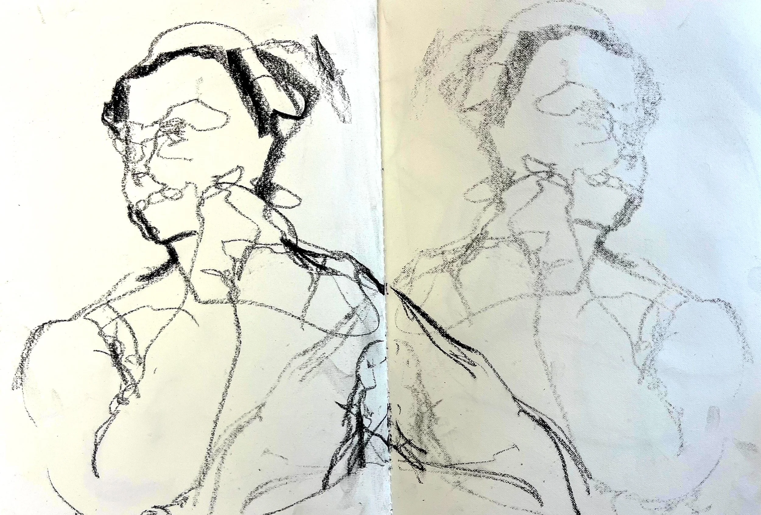 A black ink sketch of a woman on a white background, with a faint second sketch of the same woman to the right.