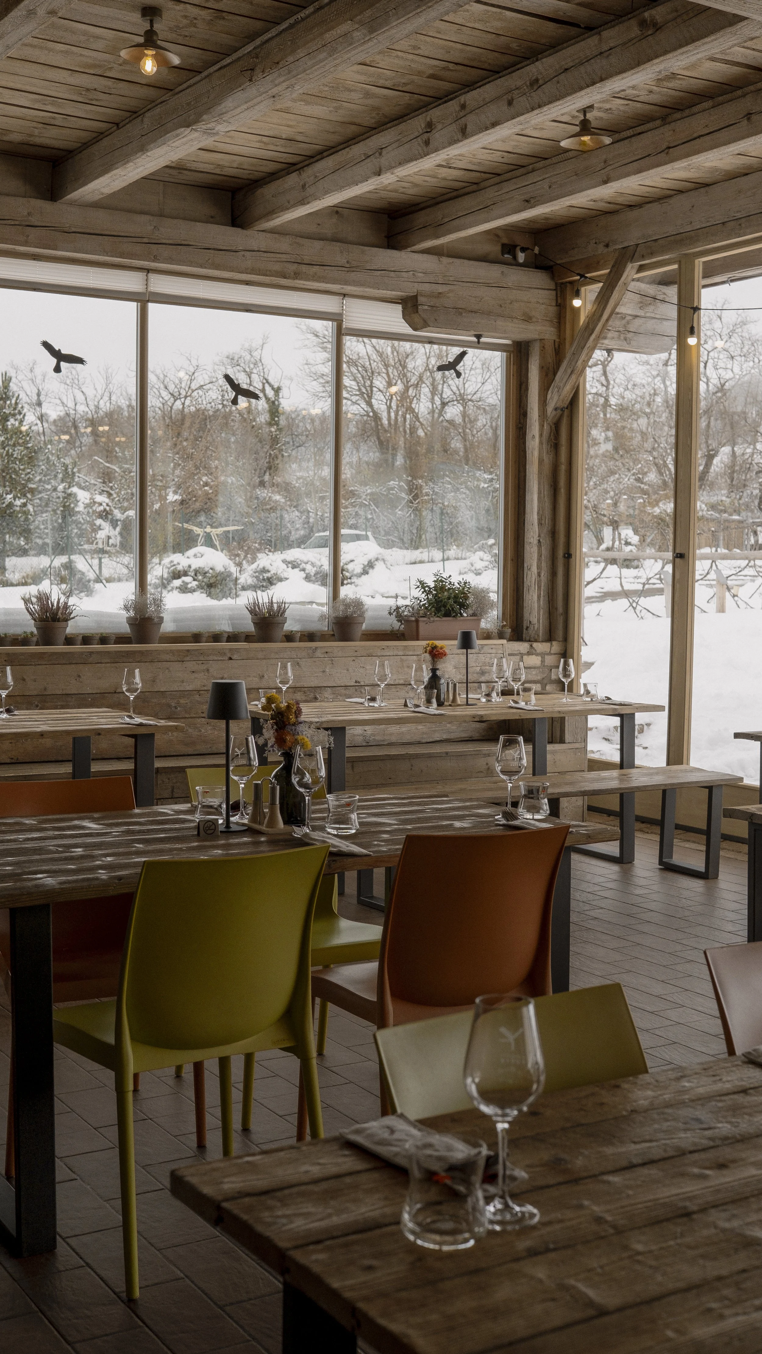 Interior of a rustic restaurant with wooden tables and colorful plastic chairs, set with wine glasses, napkins, and small floral centerpieces. Large windows reveal a snowy landscape outside with leafless trees and snow-covered ground. Soft lighting f