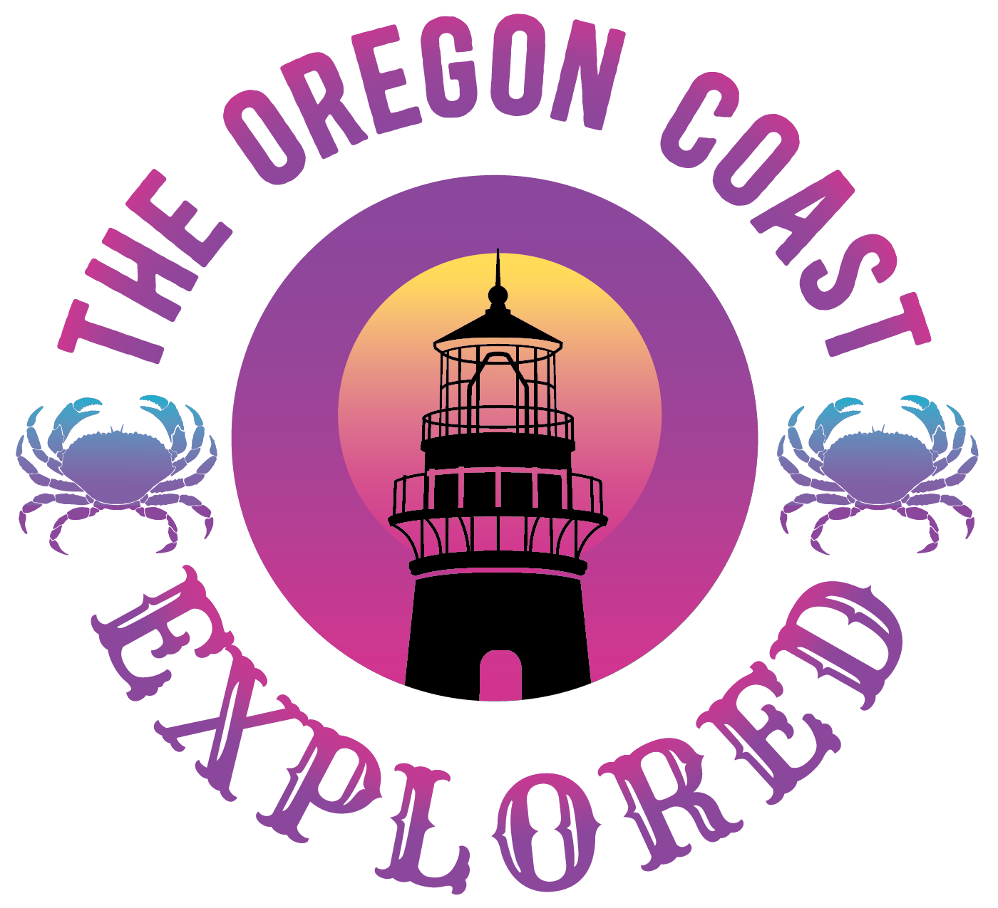 Silhouette of a lighthouse against a sunset or sunrise with pink and yellow sky, surrounded by purple and blue stylized rose petals or abstract shapes.