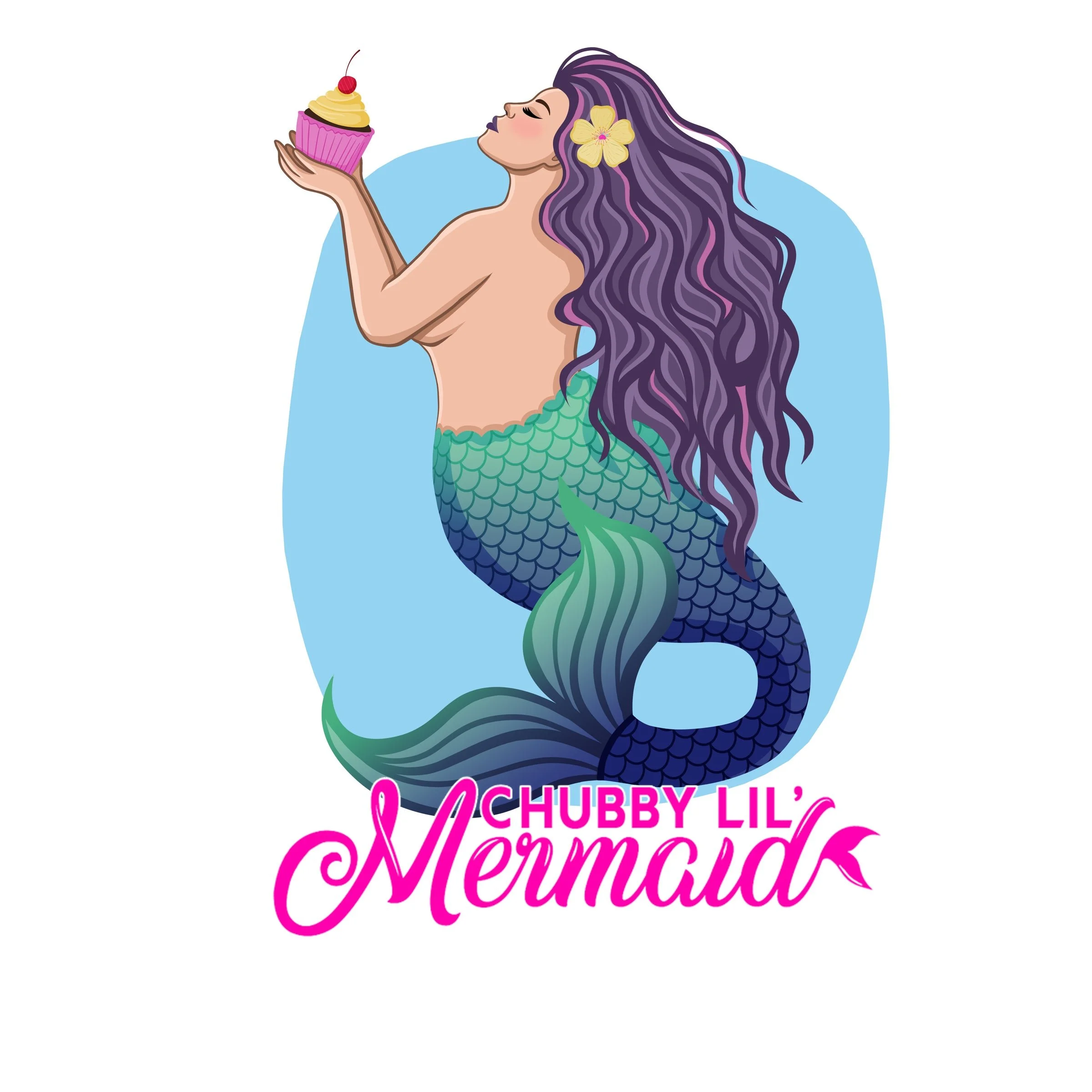 Cartoon of a mermaid with purple hair and a flower in her hair, holding a pink cupcake with yellow frosting and a cherry on top, with text reading 'Chubby Lil Mermaid' in pink.