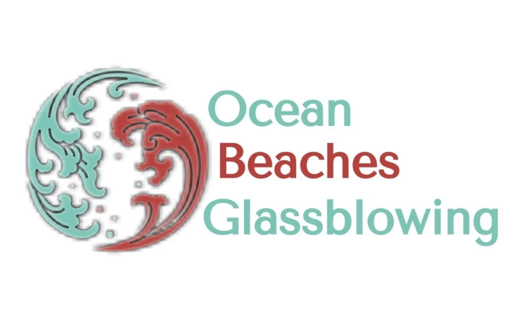 A logo with a stylized wave illustration and the text 'Ocean Beaches Glassblowing' in teal and red colors.