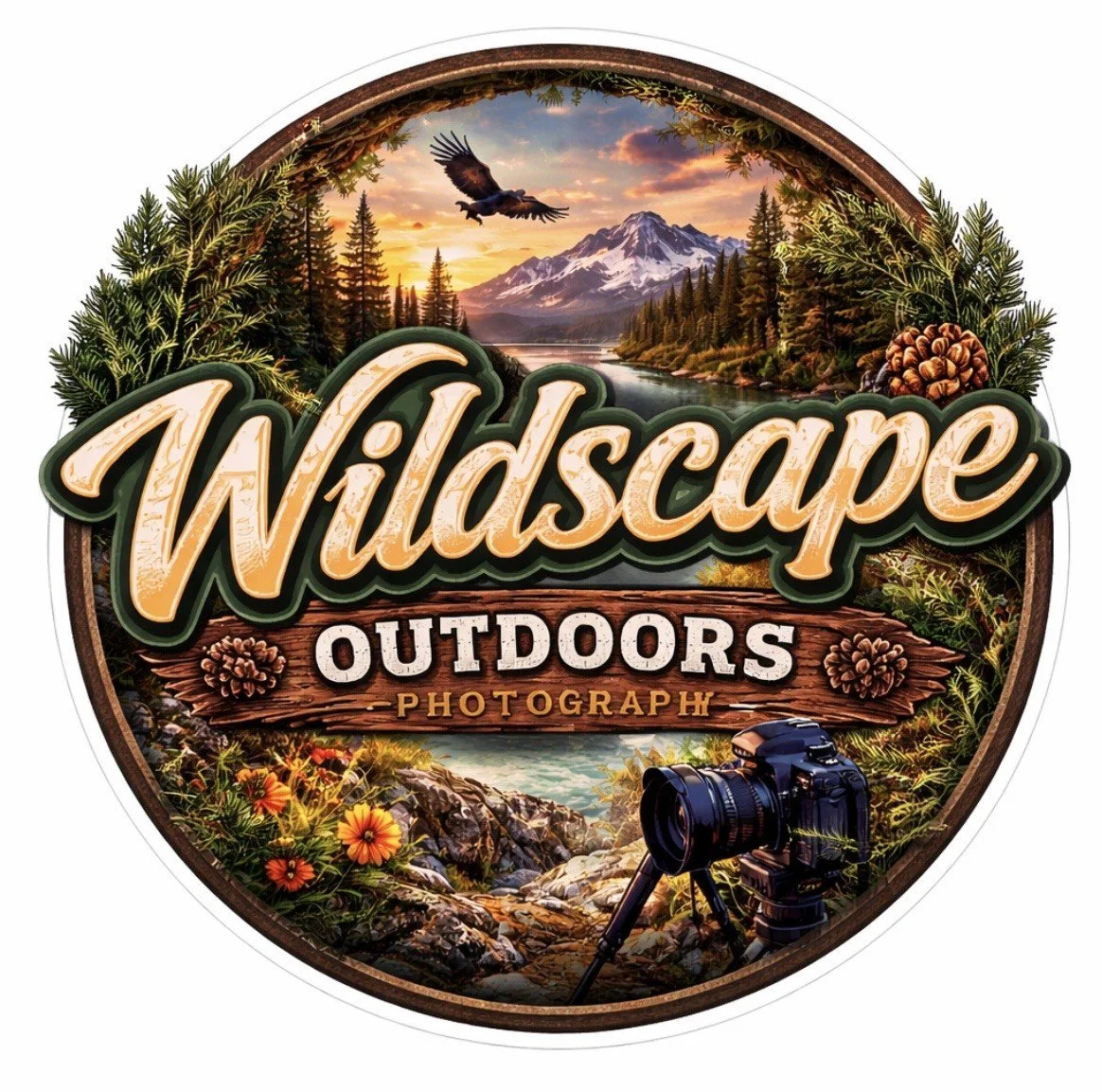 Logo for Wildscape Outdoors Photography featuring a mountain landscape, lake, pine trees, an eagle flying, pinecones, flowers, and a camera on a tripod.