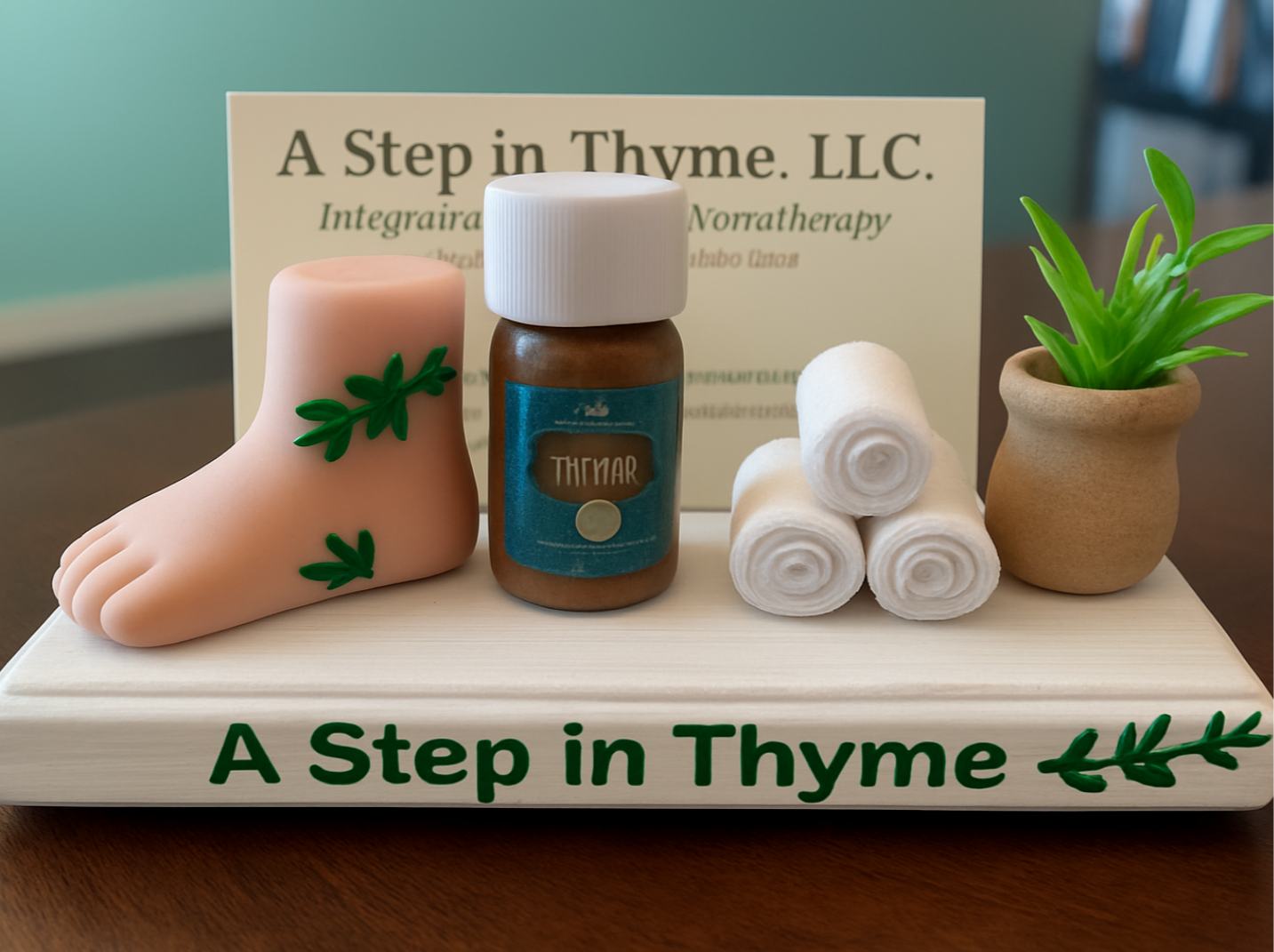 Decorative display with a pink foot-shaped soap with green leaf accents, a brown bottle labeled "Thymar", three rolled white towels, and a small green plant in a beige pot, on a white stand with green lettering that says "A Step in Thyme".
