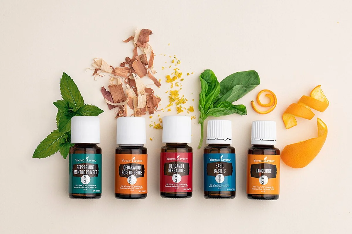 Five small bottles of essential oils with herb and citrus peels arranged around them, including mint, cedarwood, bergamot, basil, and tangerine.