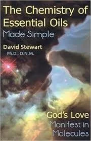 Book cover titled 'The Chemistry of Essential Oils Made Simple' by David Stewart, Ph.D., D.N.M., with a colorful abstract background