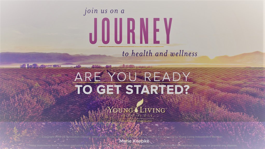 A promotional graphic for a health and wellness journey by Young Living Essential Oils, featuring a background of a lavender field during sunset with text inviting viewers to join the journey and asking if they are ready to get started.