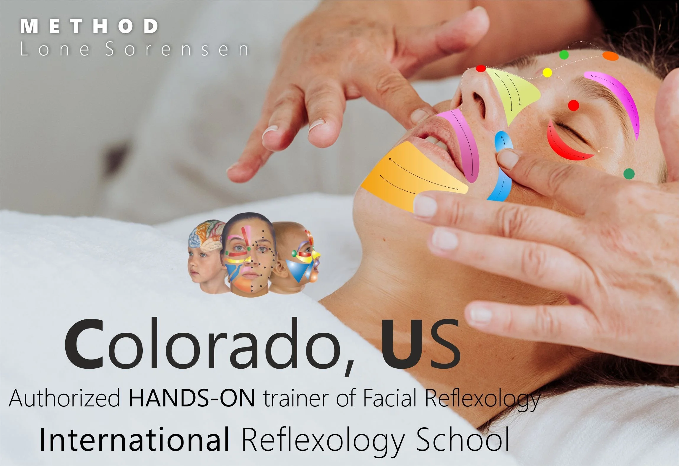 A woman receiving facial reflexology therapy with color-coded diagrams showing different reflex points on her face. Text indicates it's related to a facial reflexology training in Colorado, US, by a licensed hands-on International Reflexology School.