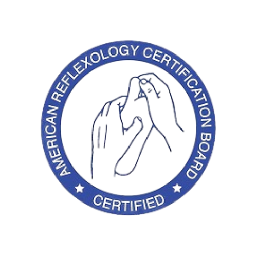 American Reflexology Certification Board Certified logo with a hand and foot illustration surrounded by a blue circle with text.