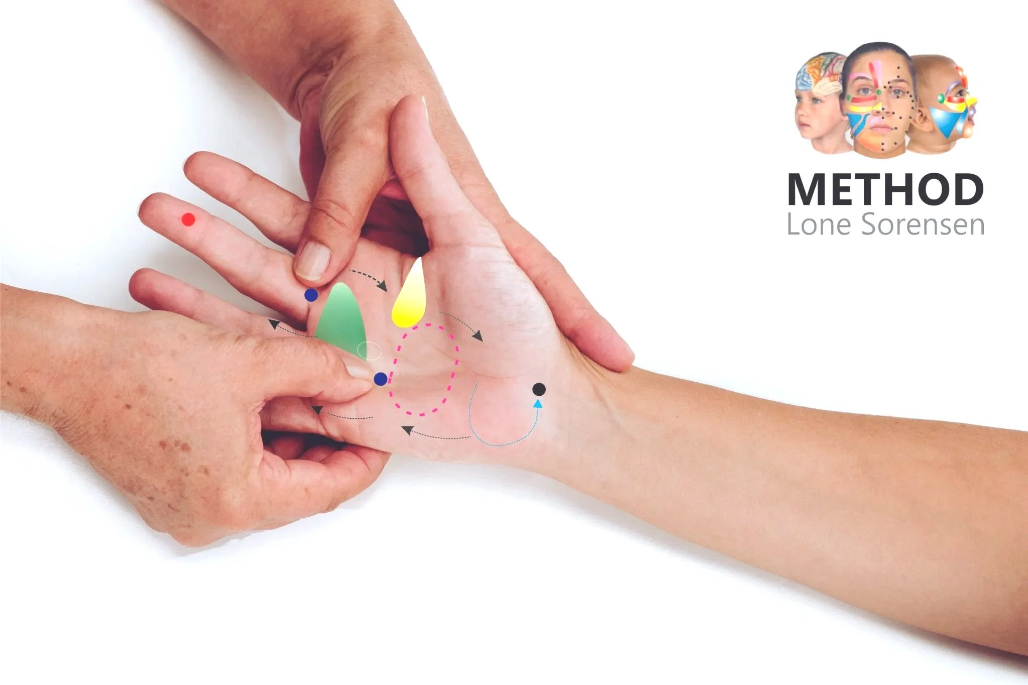 A person's hand with acupressure points marked, being pressed by another person's fingers, on a white background. There are graphical overlays indicating different acupressure points and pathways.