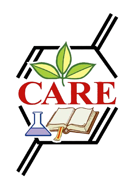 A logo with a plant, laboratory equipment, and an open book, with the word 'CARE' in red letters, all enclosed in a black hexagonal border.