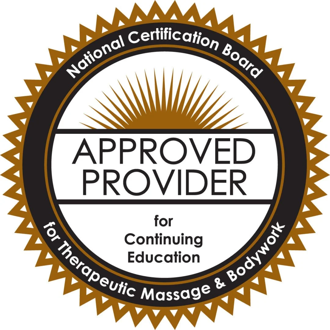 Seal of approval from the National Certification Board for continuing education as an approved provider for therapeutic massage and bodywork.