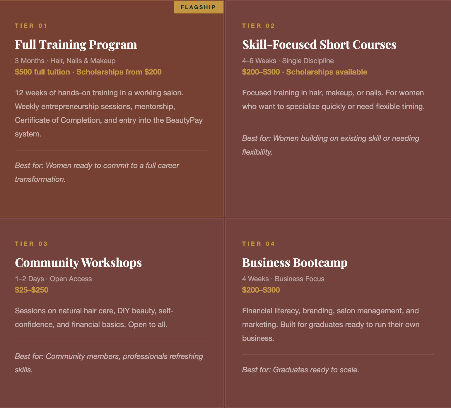 A digital graphic with a grid layout showcasing four tiers of educational programs or courses. The grid is divided into four quadrants, each labeled as Tier 01 to Tier 04, with titles: Full Training Program, Skill-Focused Short Courses, Community Workshops, and Business Bootcamp. Each quadrant includes details such as duration, cost, description, and target audience, with a consistent color scheme of brown backgrounds, yellow headings, and white or grey text.