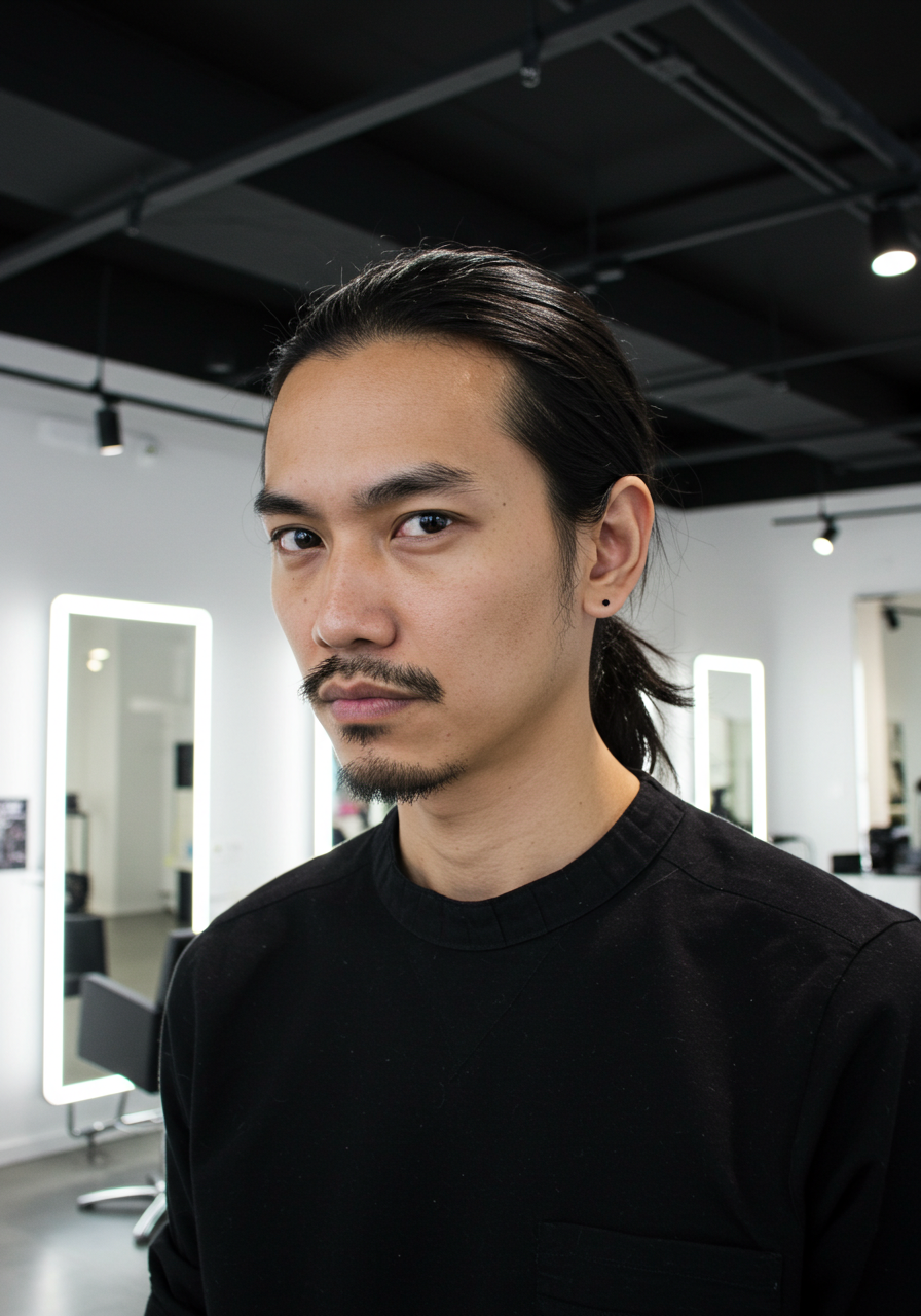 Portrait of a young man with dark hair, mustache, and goatee in a modern hair salon with backlit mirrors.