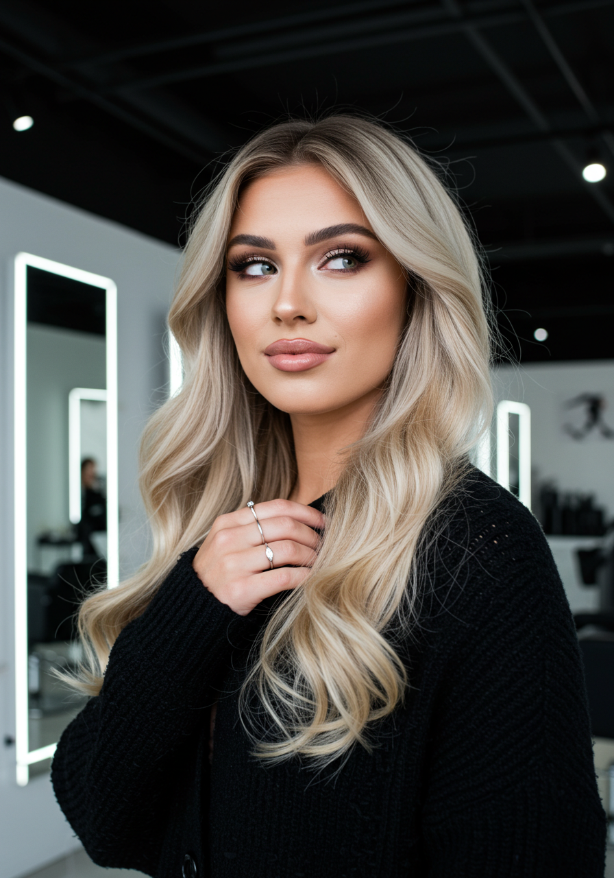 A woman with long blonde wavy hair and makeup, wearing a black sweater, looking to the side in a modern, well-lit beauty salon or studio.