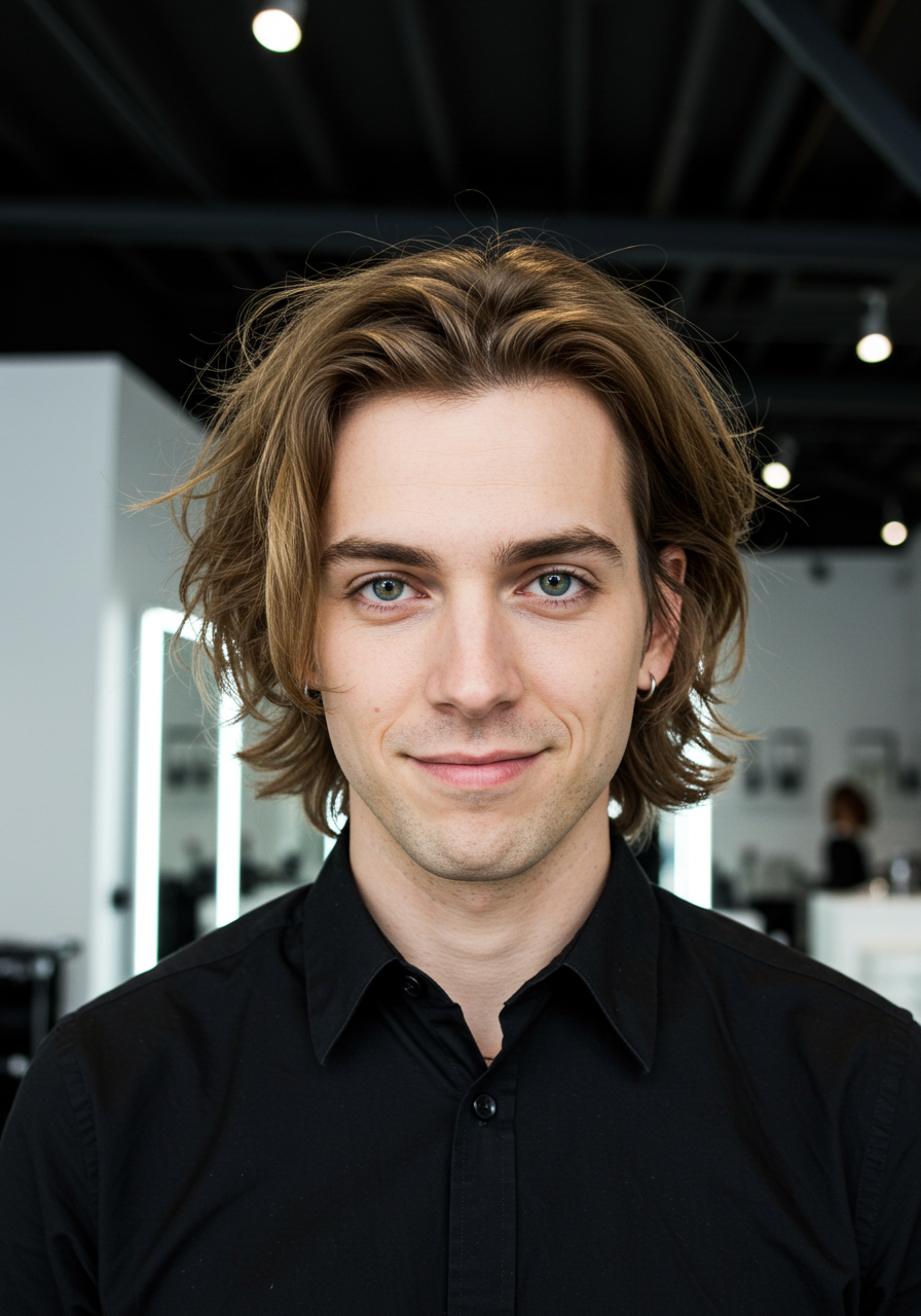 A young man with light brown, wavy hair, blue eyes, wearing a black button-up shirt and a small hoop earring, standing in a modern salon or studio with bright lighting and blurred background.