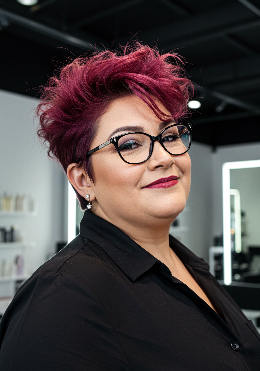 A woman with short, purple and pink hair wearing black glasses and a black shirt, smiling in a modern salon with large mirrors and salon equipment in the background.