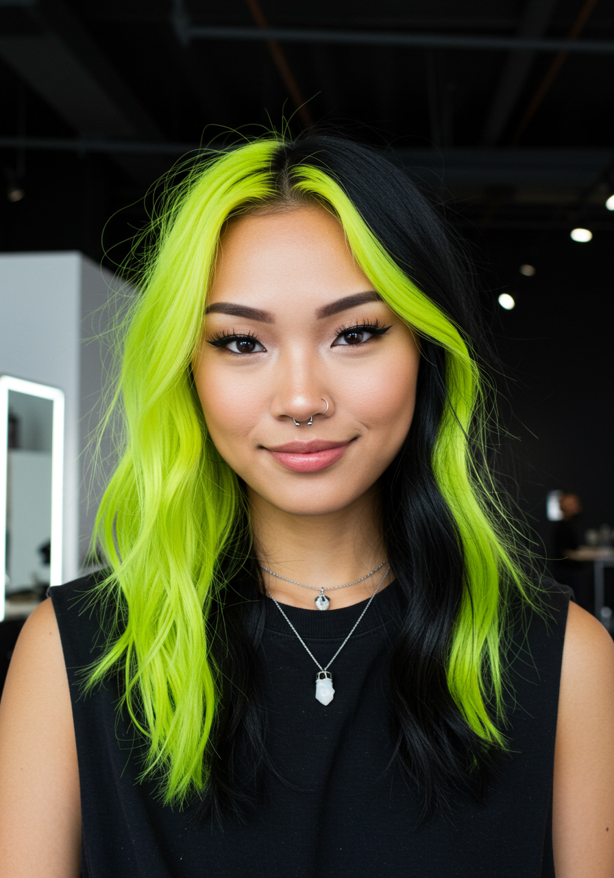 A young woman with long black and neon green hair, wearing a black sleeveless top, silver necklaces, and a nose ring, smiling indoors with a dark background.
