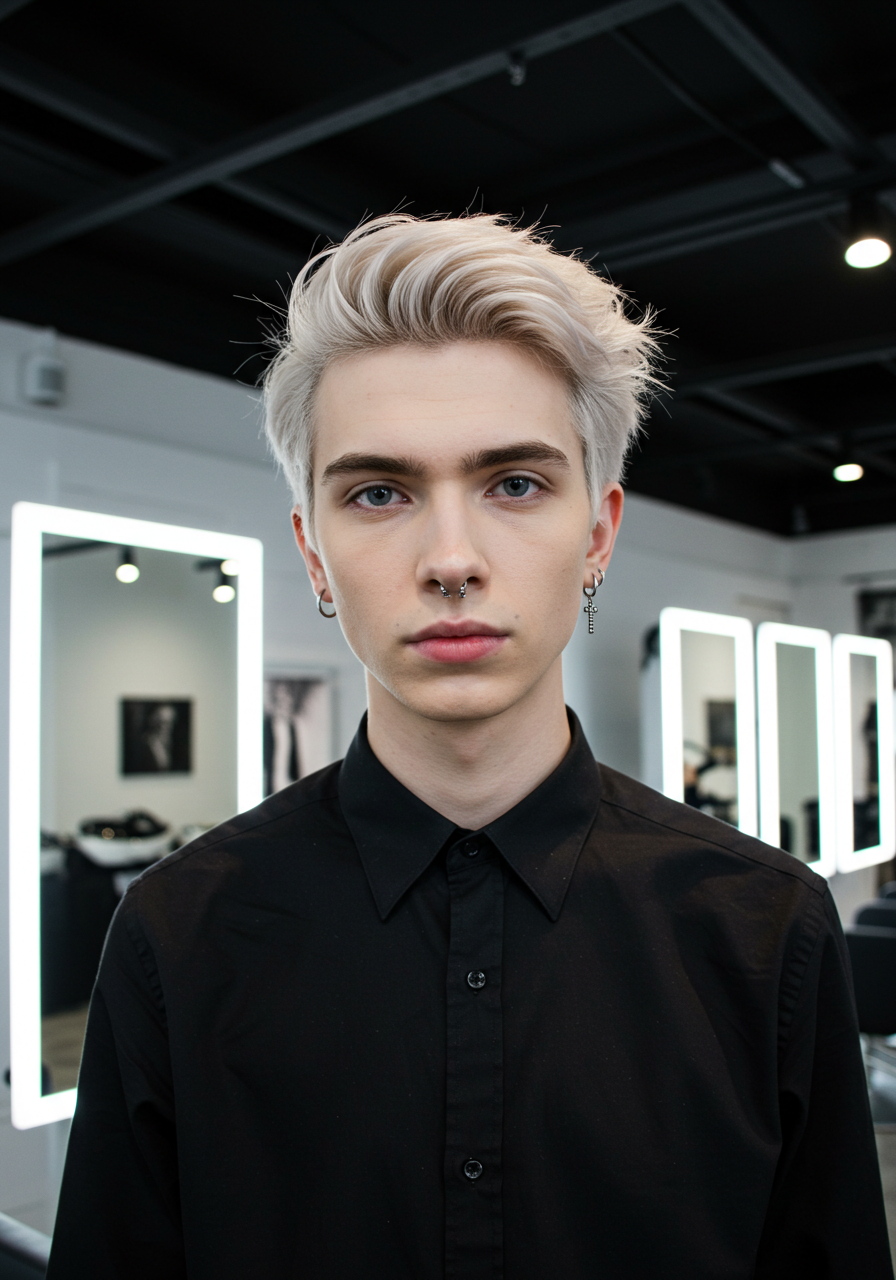 Portrait of a young person with platinum blonde hair, piercings, and a serious expression in a modern hair salon.