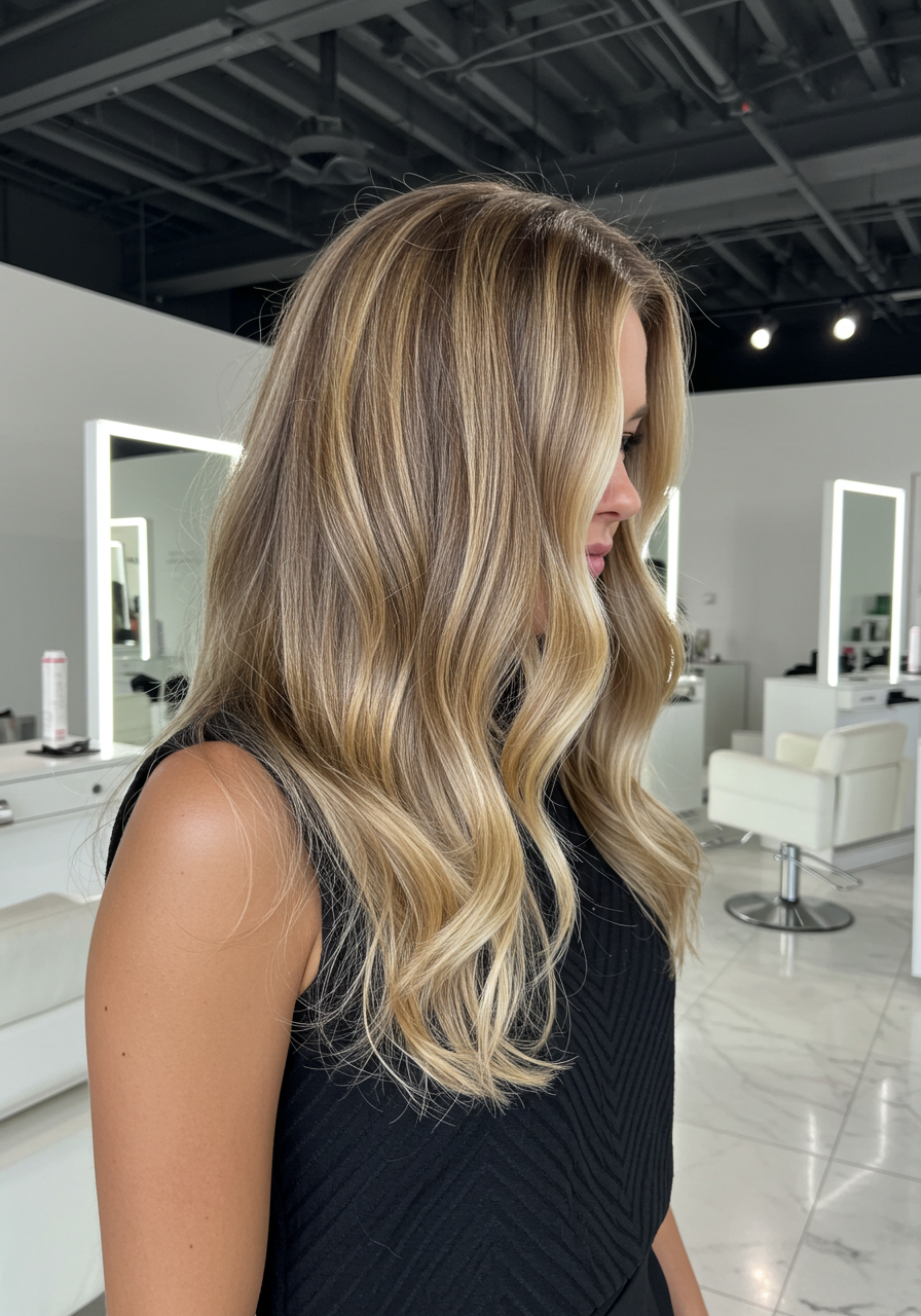 Blonde woman with wavy hair in a modern salon.