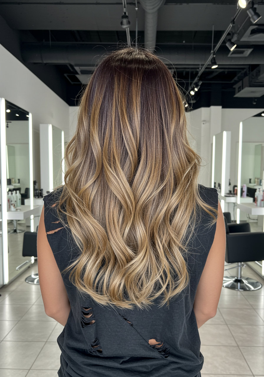 Back view of a woman with long, wavy blonde hair in a salon with illuminated mirrors and styling chairs.