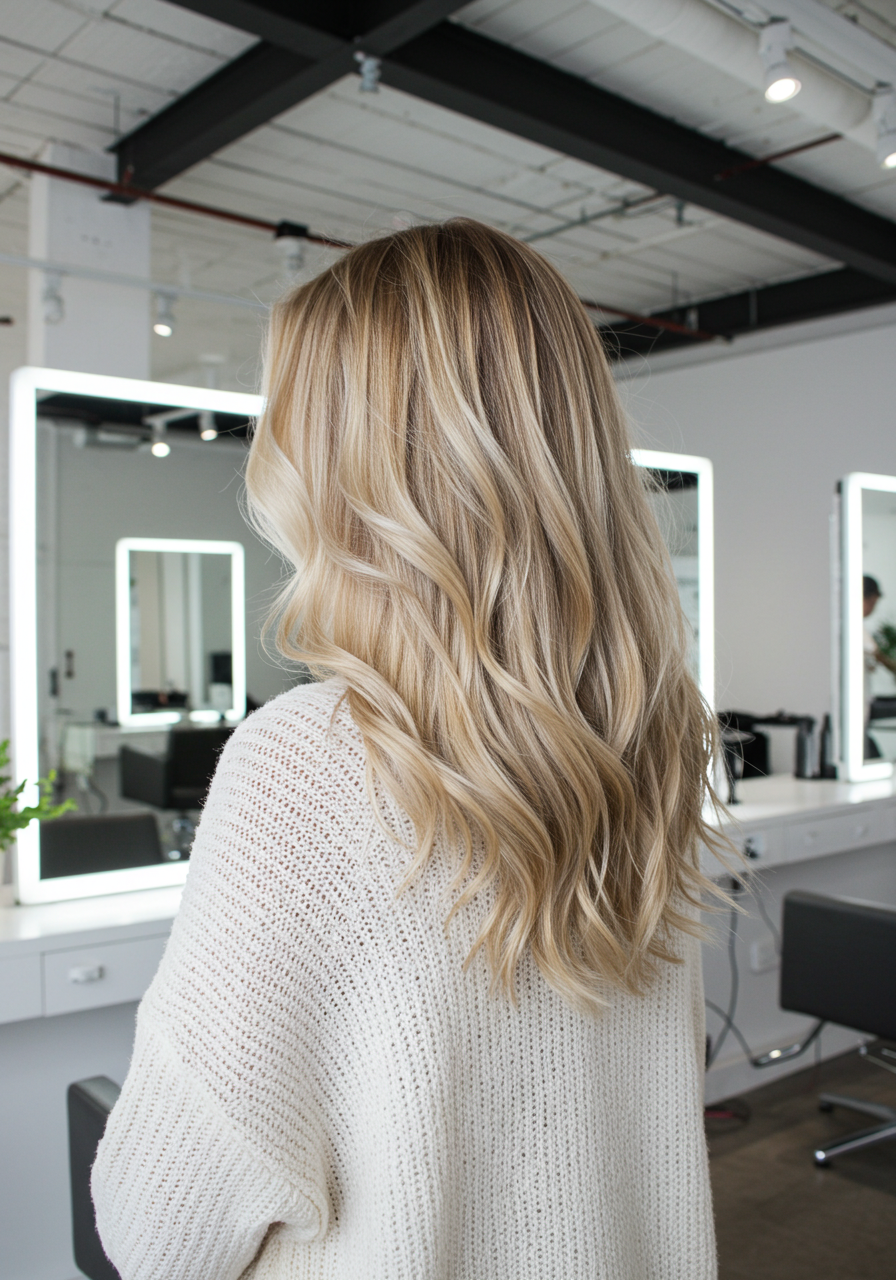 A woman with long, wavy blonde hair wearing a white sweater in a modern salon with illuminated mirrors and styling stations.
