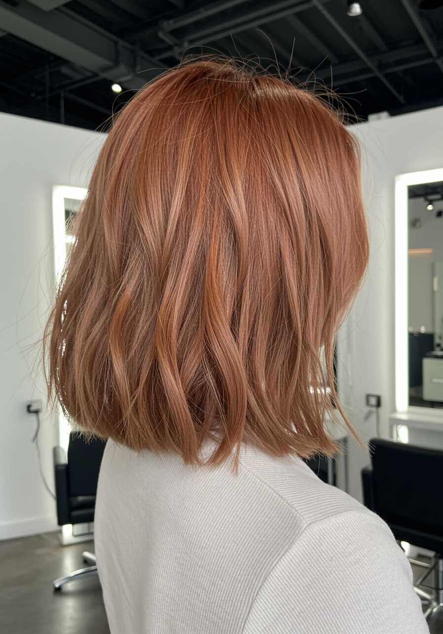 Side view of a woman with shoulder-length, wavy, reddish-brown hair in a hair salon.