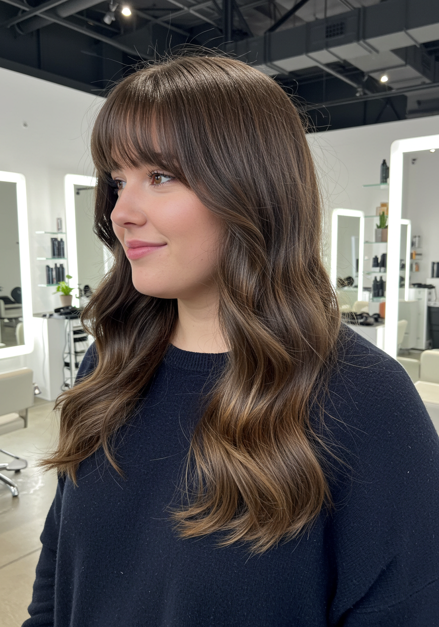A woman with long, wavy brown hair and bangs standing in a modern, well-lit salon with mirrors and hair styling products.
