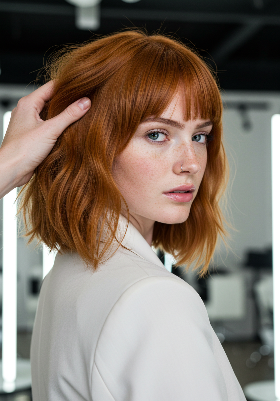 Close-up of a young woman with shoulder-length red hair and light blue eyes, touching her hair with her left hand. She has freckles and a small nose ring, and is wearing a white blazer.
