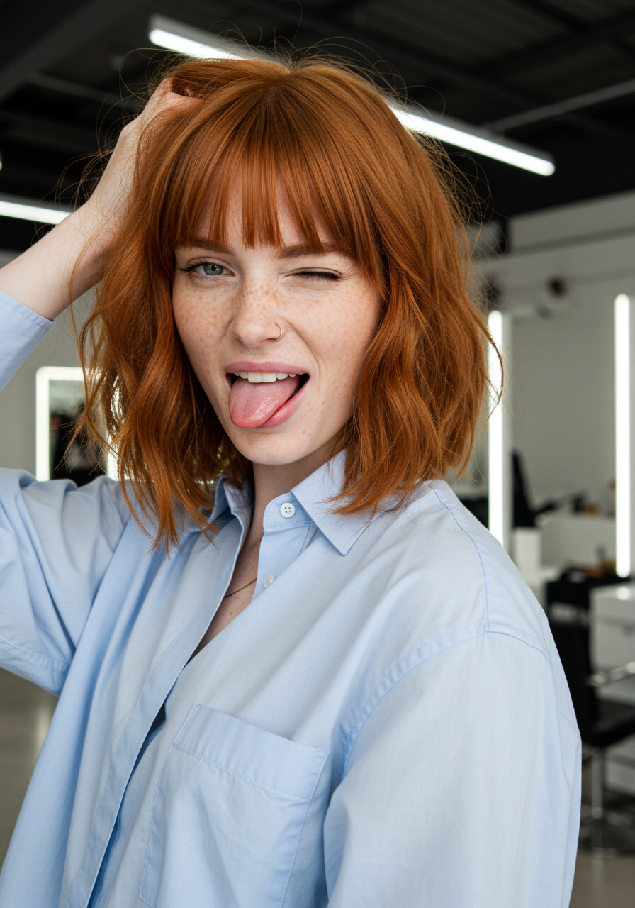 A young woman with curly red hair, freckles, and a nose ring making a playful face with her tongue out and one eye closed in a salon or studio with bright lights and mirrors in the background.