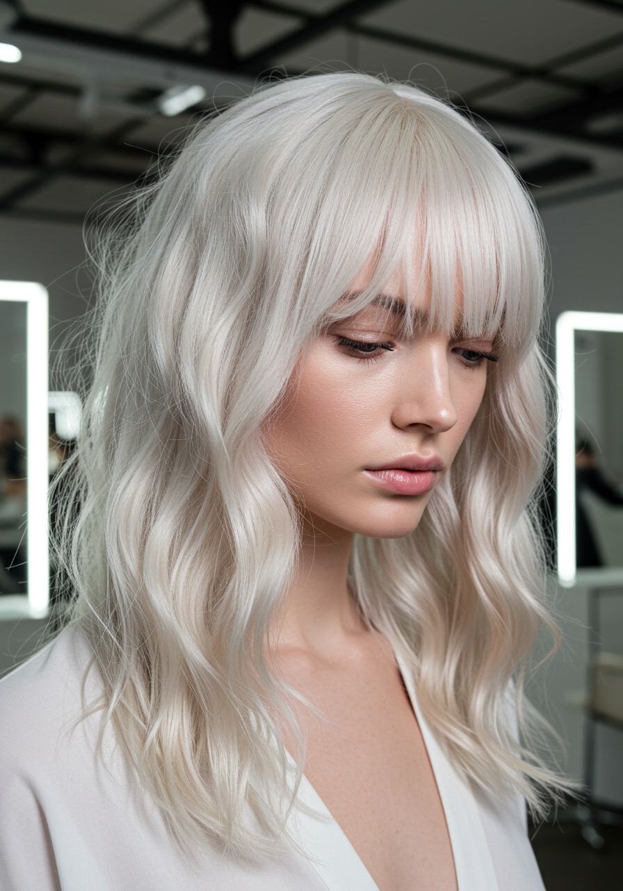 A woman with platinum blonde hair styled in loose waves, looking downward, in a salon setting.