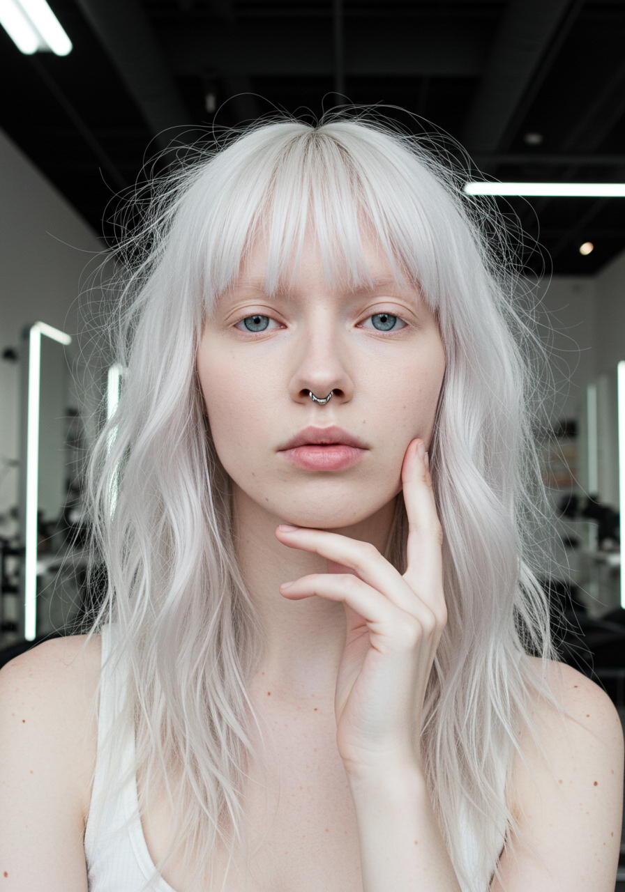 Close-up of a young woman with platinum blonde hair and blue eyes, touching her face with her right hand, in a modern salon or studio setting.