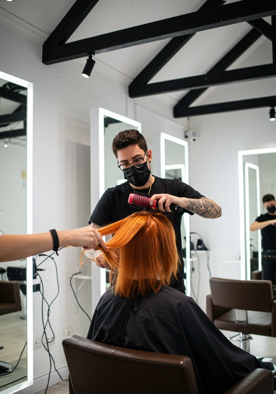 Hair stylist blow drying a woman's orange hair in a modern salon with mirrors and black ceiling beams.