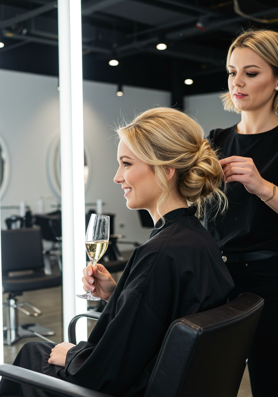 A woman with blonde hair smiling while holding a glass of champagne, seated in a salon chair, with another woman styling her hair in a modern salon.