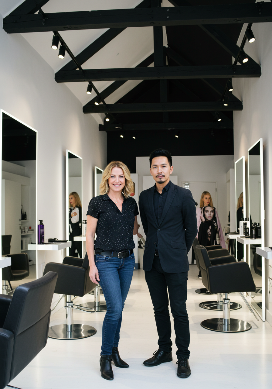 A woman and a man standing inside a modern hair salon with black chairs and mirrors. The woman has blonde hair and is wearing a black polka dot shirt, jeans, and black boots. The man has black hair and a mustache, wearing a dark suit, black shirt, and black shoes.