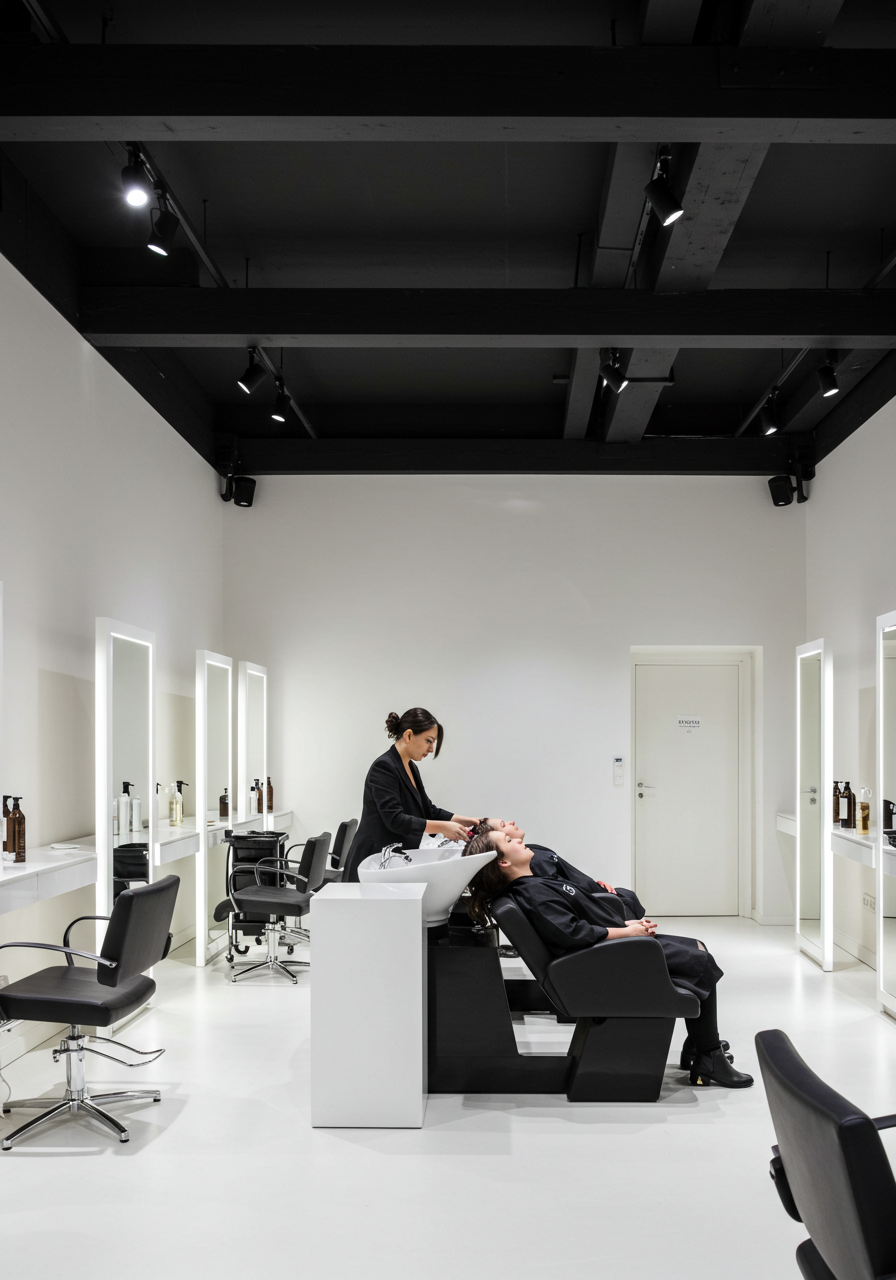 A woman getting her hair washed by a stylist in a modern, minimalist salon with black chairs and white decor.