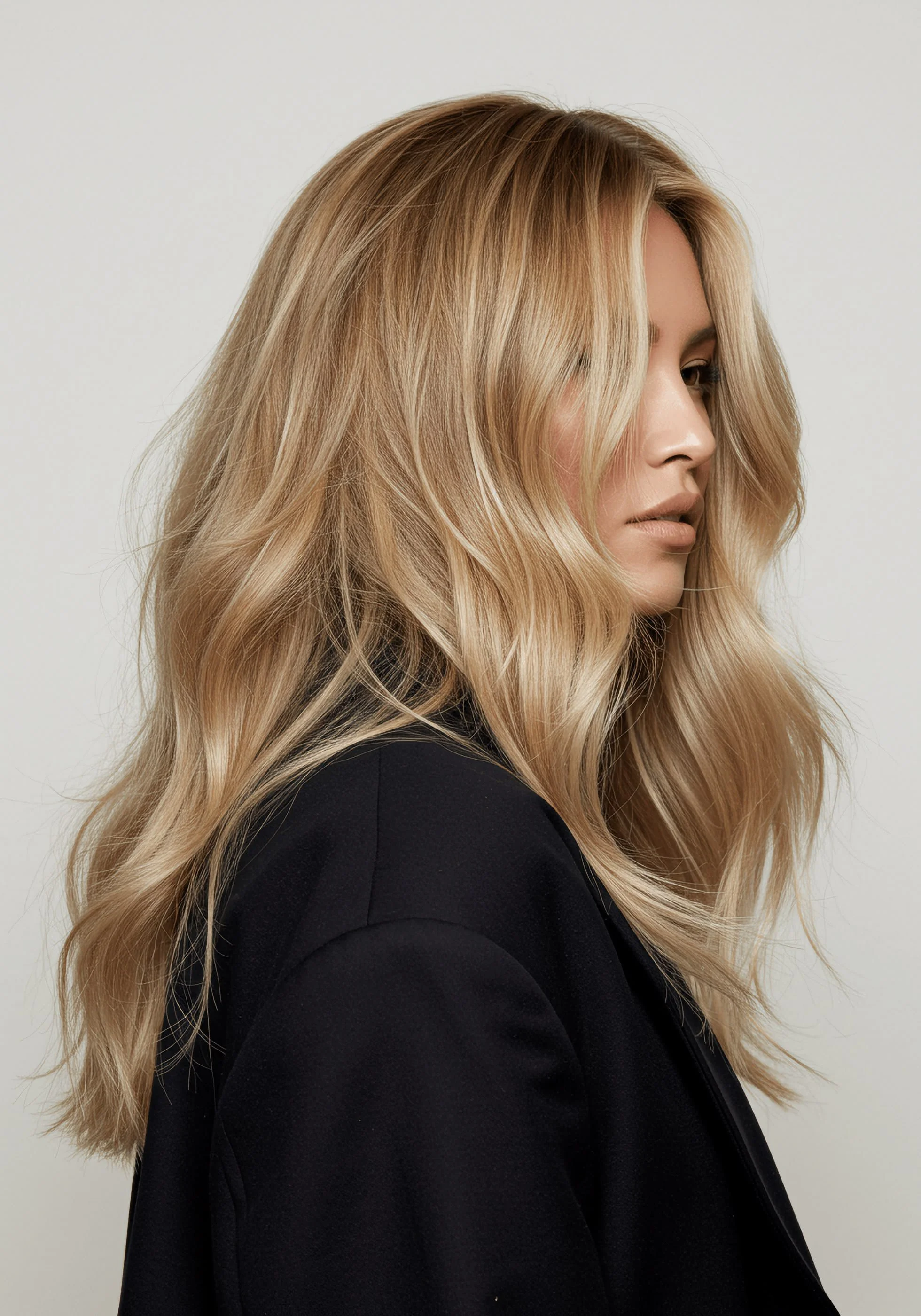 A woman with long, wavy blonde hair wearing a black blazer, side profile against a plain background.