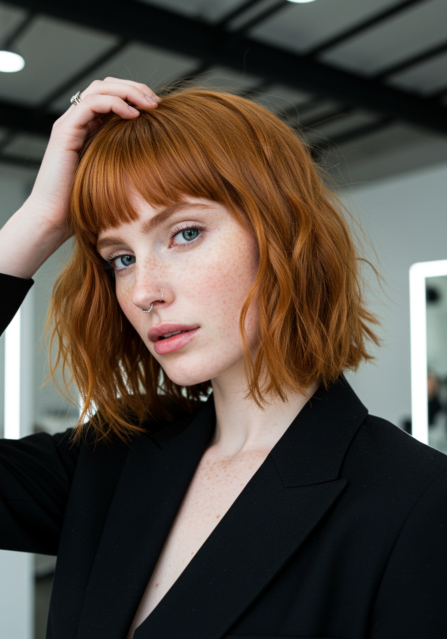Red-haired woman with freckles, wearing a black blazer, touching her hair while looking at the camera in a studio with LED lights in the background.