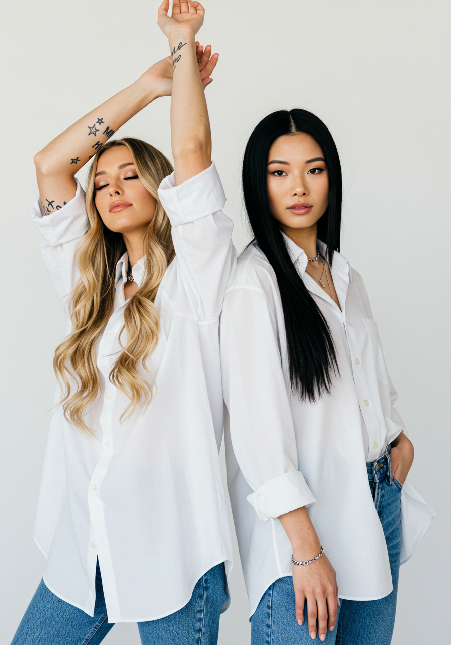 Two women standing side by side in white button-up shirts and blue jeans against a plain white wall.