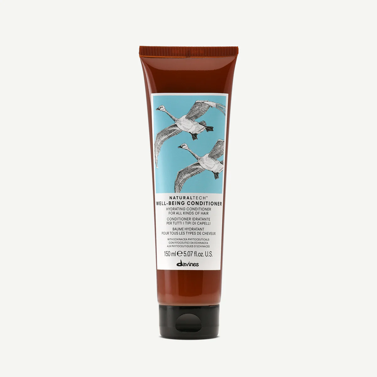 A tube of Davines Well-Being Conditioner, featuring illustrations of flying geese on the label.