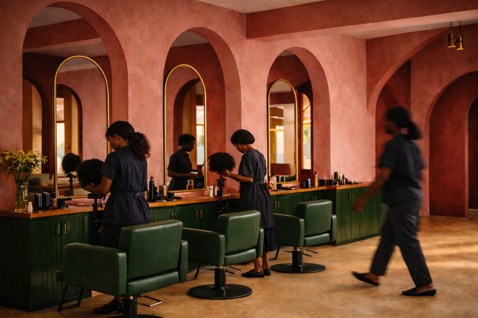 Hair salon with three clients receiving hair treatments in front of large mirrors. The salon has pink walls, green chairs, and a wooden counter with hair products. A stylist walks across the floor.