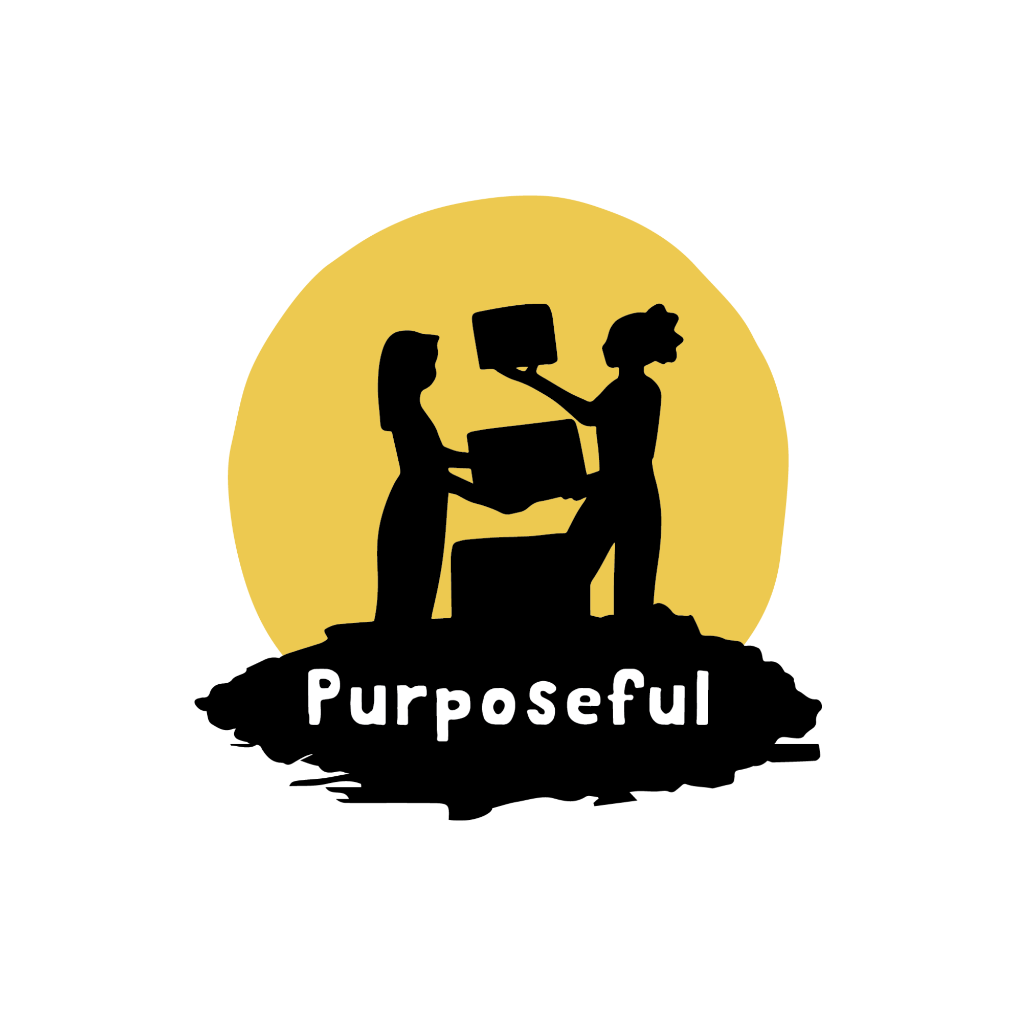 Silhouette of two women exchanging a box with a yellow circle background and the word 'Purposeful' underneath.