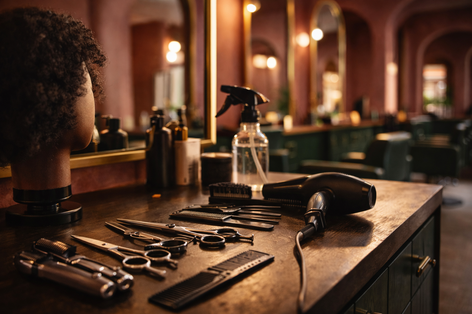 Barber station with various grooming tools including scissors, combs, a hairdryer, and spray bottles inside a barber shop with warm lighting and mirrors.