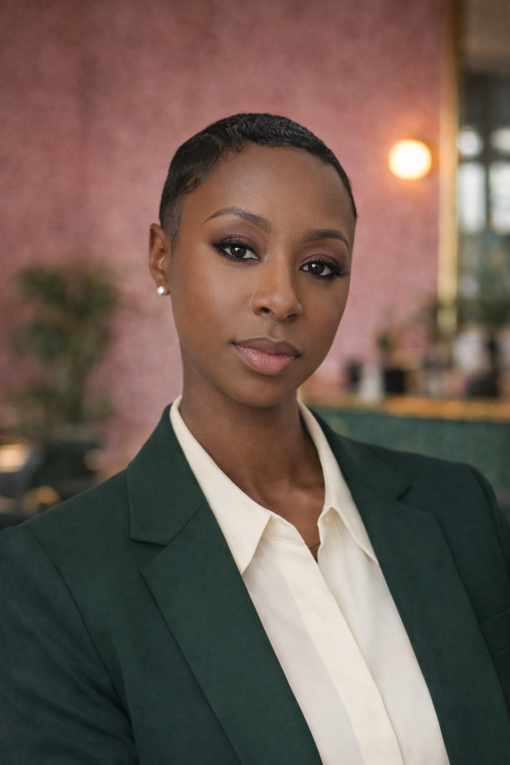 Portrait of a confident African American woman with short hair, wearing a dark blazer and white blouse, standing in a warmly lit indoor space.