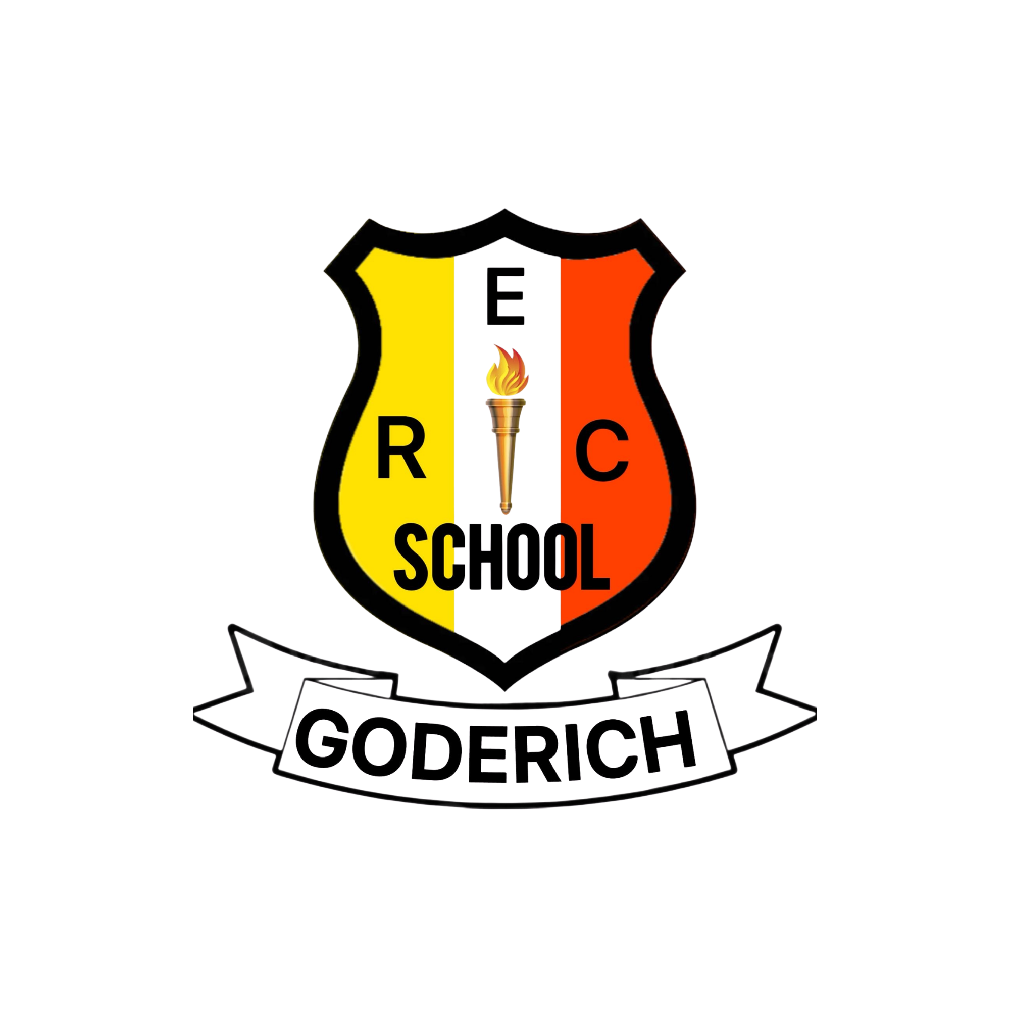 School emblem with a shield split in yellow, black, blue, red, and orange sections, a torch in the center with a flame, and a banner below that reads "Goderich".